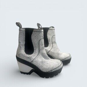Hunter Women's Chelsea Ankle Boots Silver Crackle Platform Wedge UK 5/ US 7